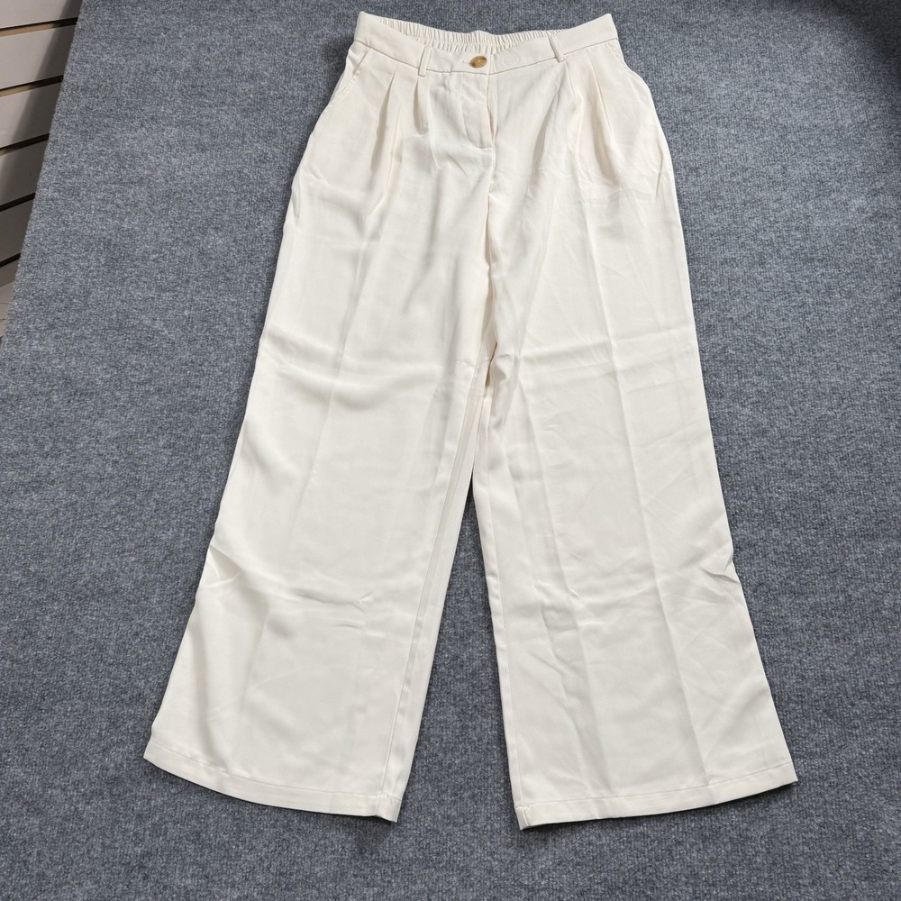 Cream White Wide Leg Linen Blend Pants Pleated High Waist Elastic Back Sz 10